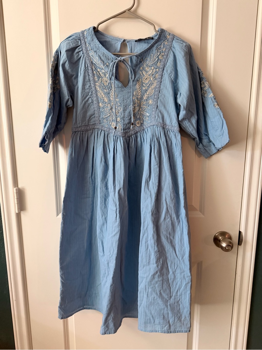 Black Tape_ Light Blue Embroidered Tie-Neck Girls' Dress